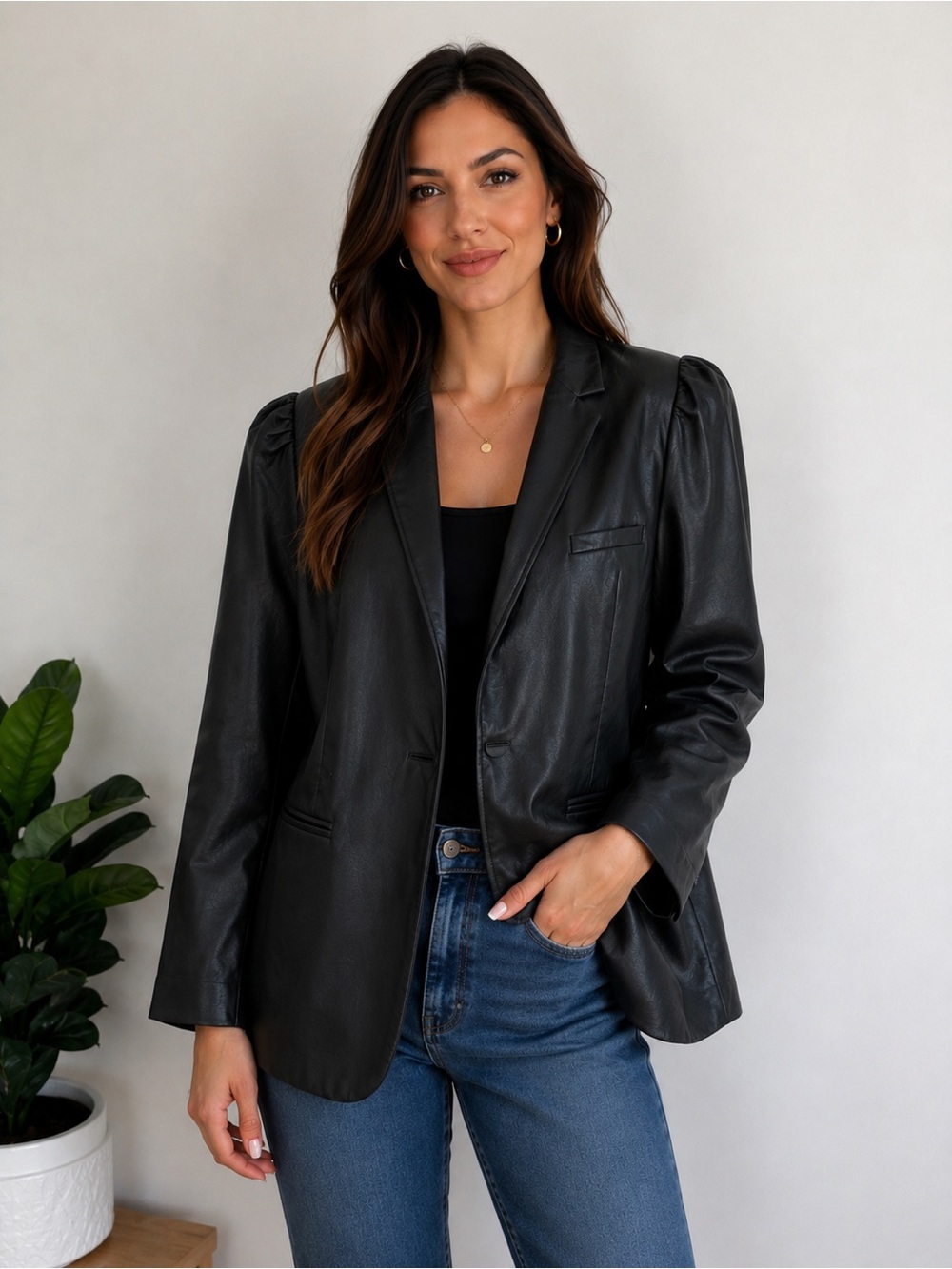 Fate Black Puff-Sleeve Faux Leather Blazer size M
